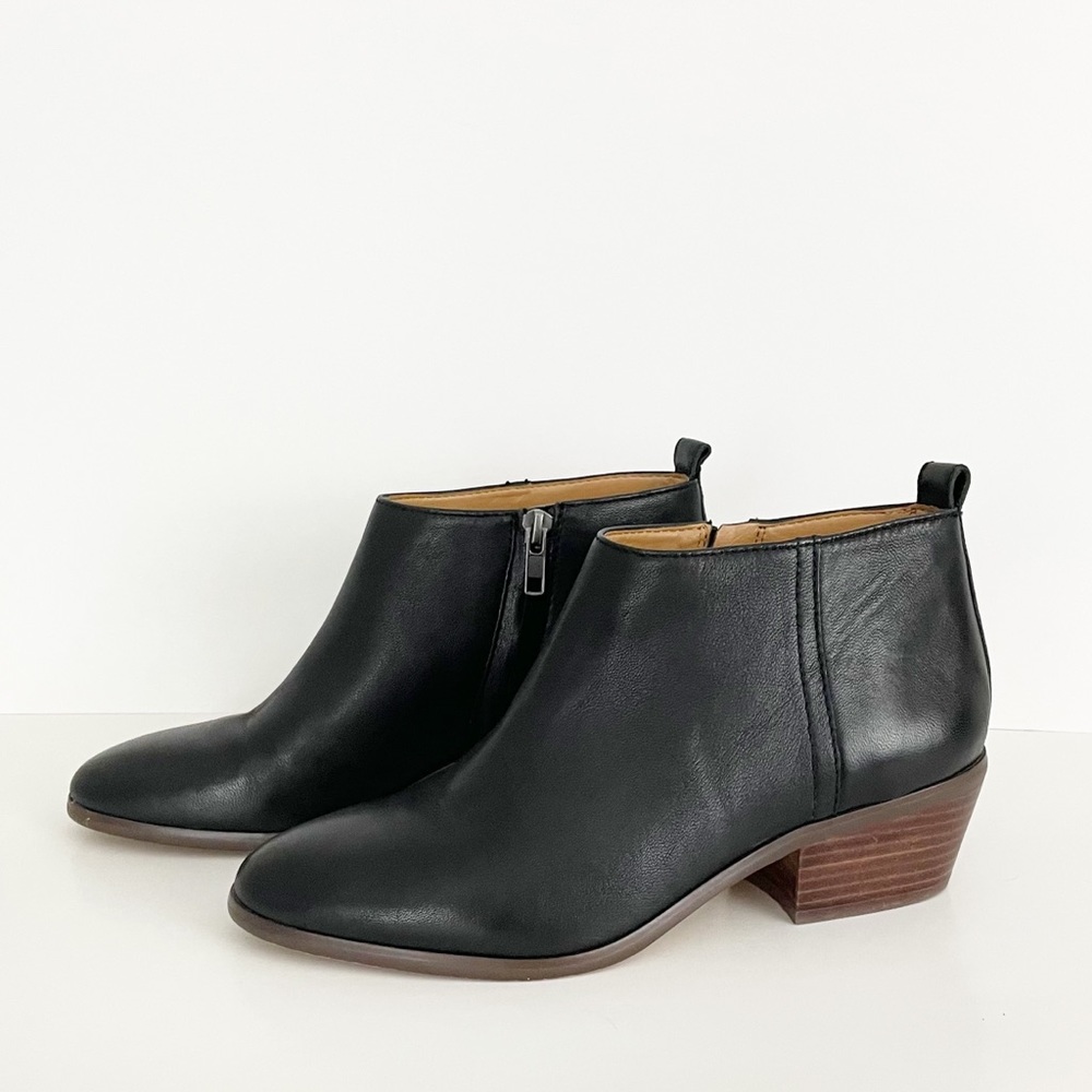 J. Crew Sawyer Black Leather Ankle Boots Bootie Stacked Heel Size 8